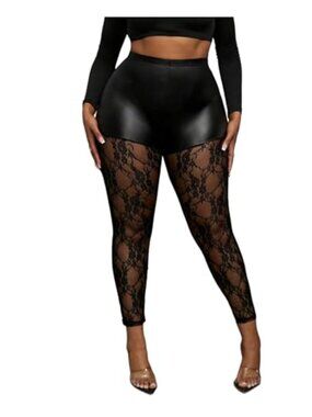 Plus Size Faux Leather Floral Lace Mesh Sheer High Waisted Skinny Leggings